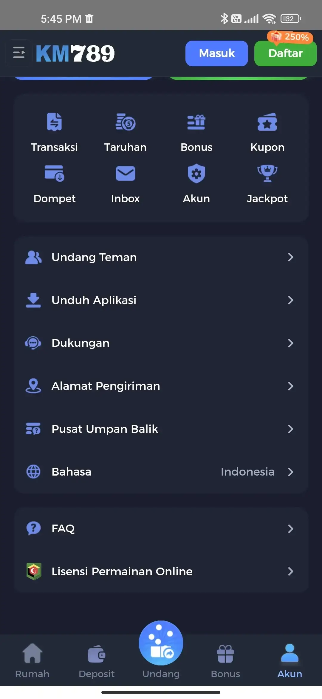 KM777 tampilan akun dan menu utama
