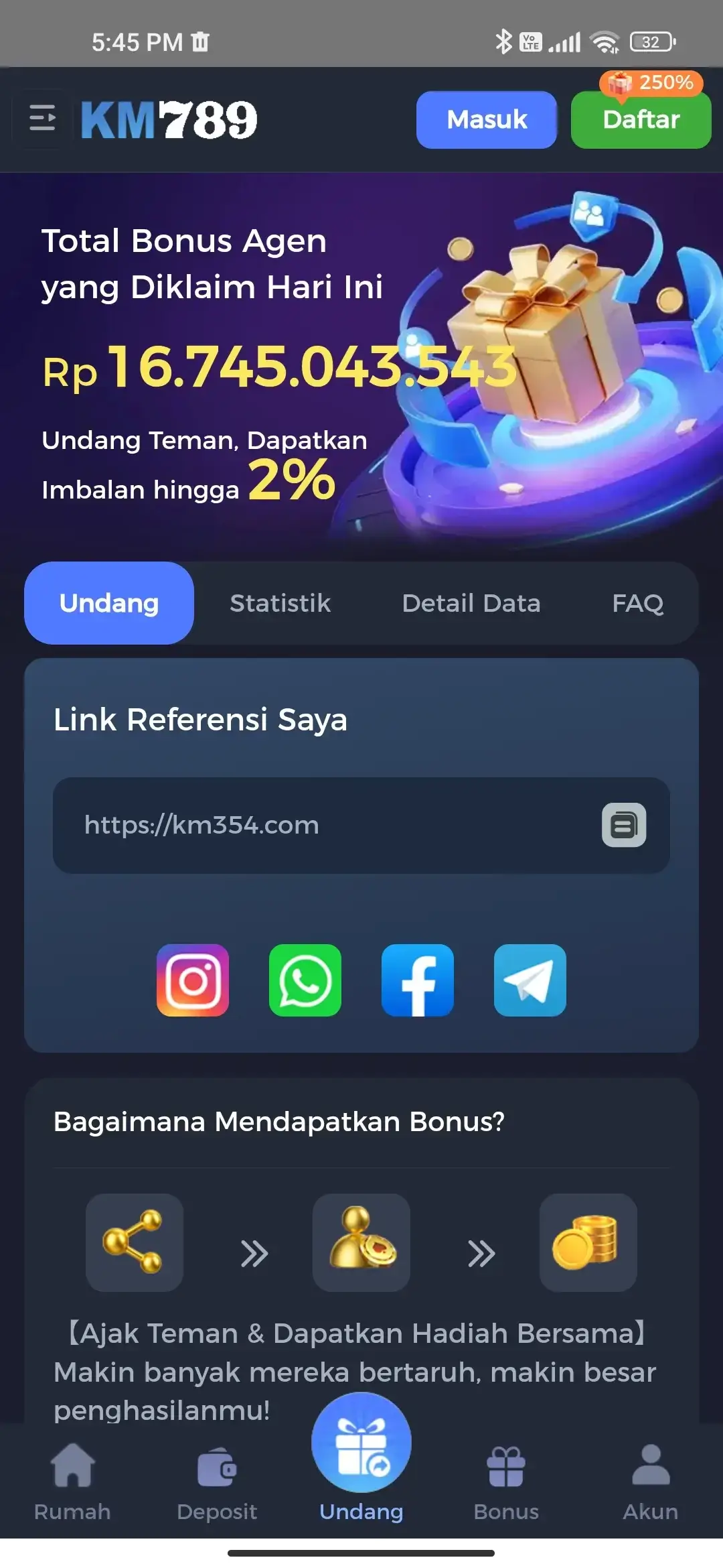 KM777 halaman undang teman dan bonus referral