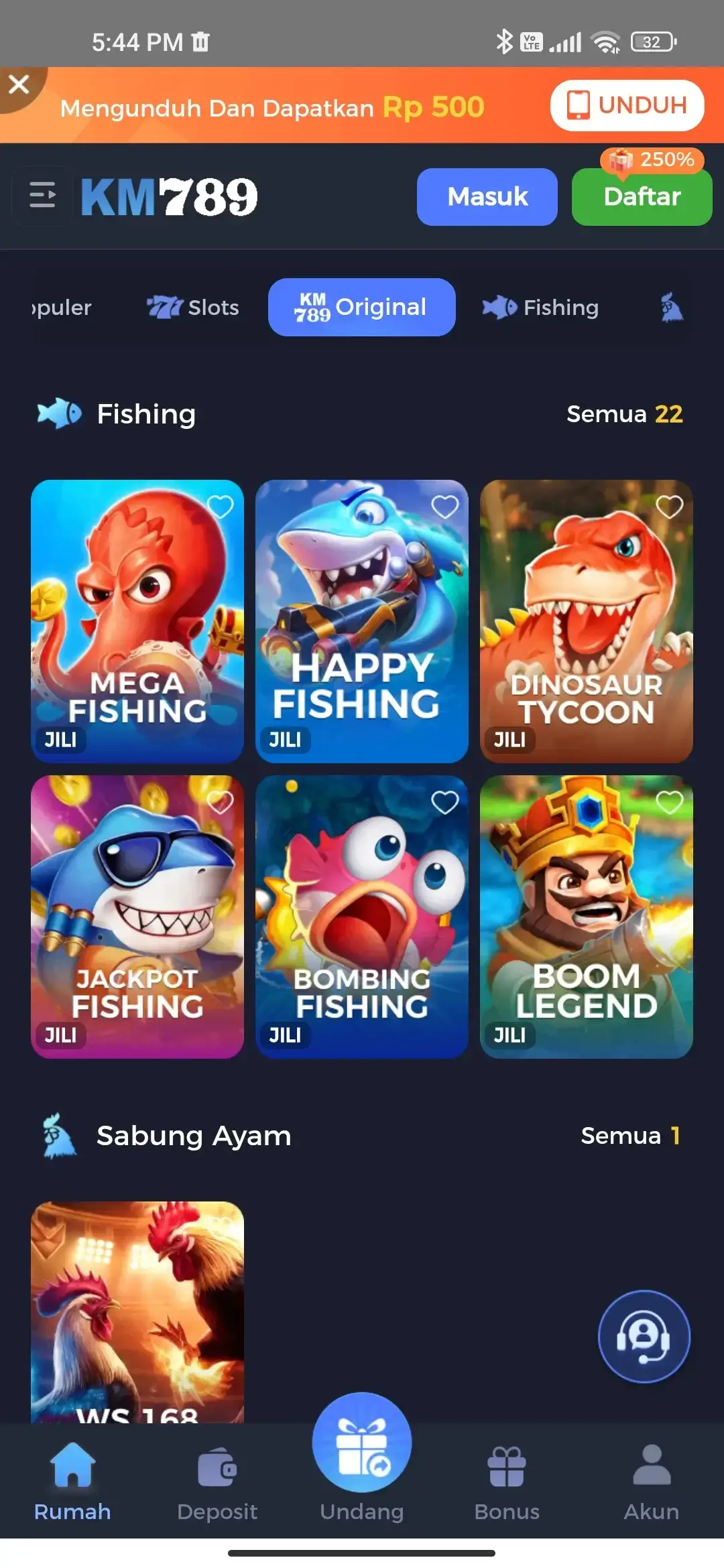 KM777 koleksi permainan fishing dan sabung ayam